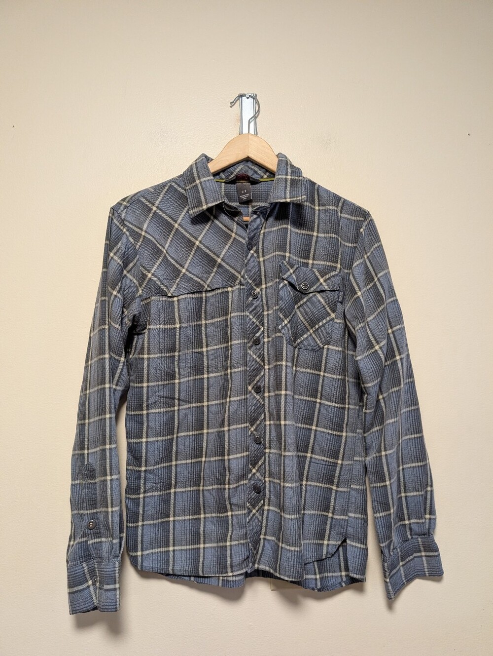 Outdoor Research Plaid Flannel Shirt Small Blue Gray Hiking Outdoor Button Front